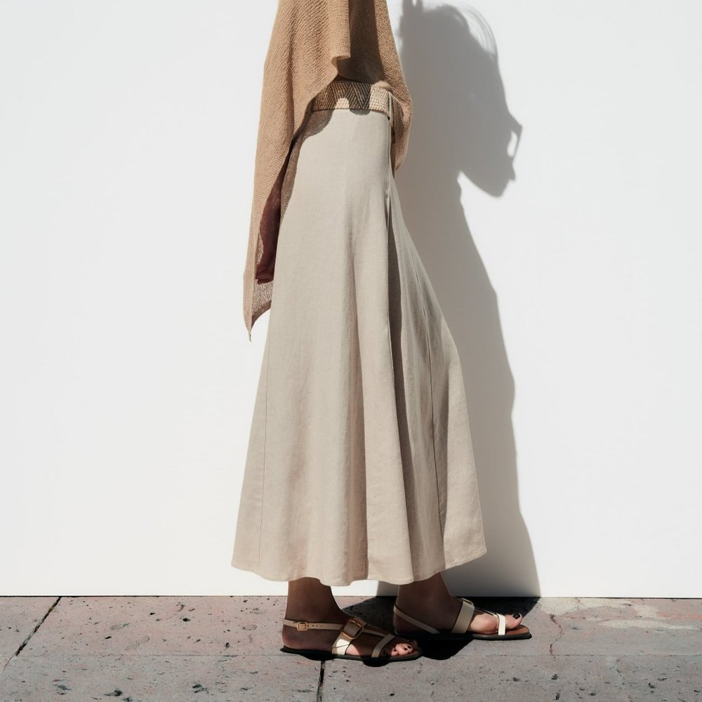 Zara linen blend midi skirt light beige Sz XL - Picture 3 of 7